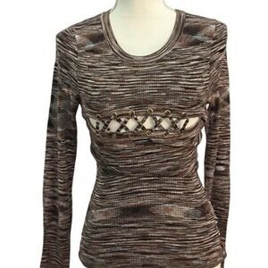 Guess Womens Mara Rainbow Metallic Brown Space Dye Lace Up Cutout Sweater Small